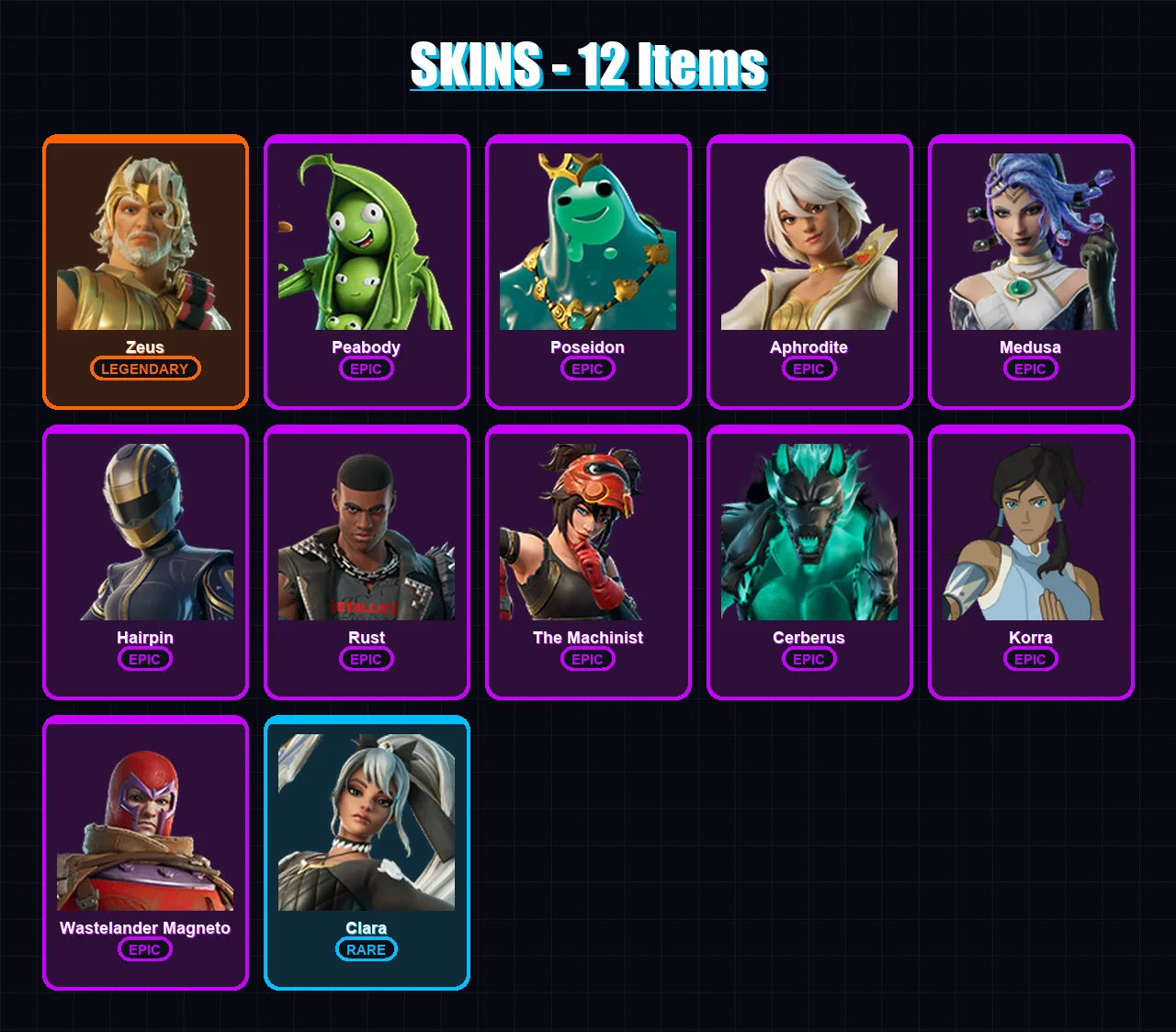 [PC/XBOX/PSN] | Zeus | Peabody | Poseidon | Aphrodite | Medusa | 12 skin | 20 pickaxe | 15 emote | 21 glider | Lv181