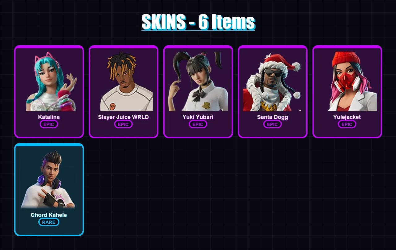 [PS4/PS5/XBOX/PC] | Katalina | Slayer Juice WRLD | Yuki Yubari | Santa Dogg | Yulejacket | 6 skin | 16 pickaxe | 6 emote | 10 glider | Lv100