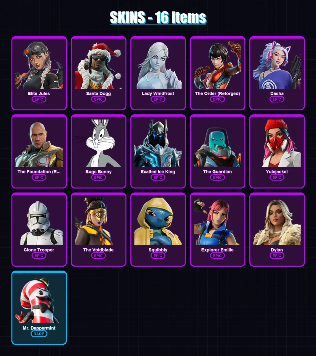 [PC/XBOX] | Elite Jules | Santa Dogg | Lady Windfrost | The Order (Reforged) | Dasha | 16 skin | 55 pickaxe | 25 emote | 39 glider | Lv545