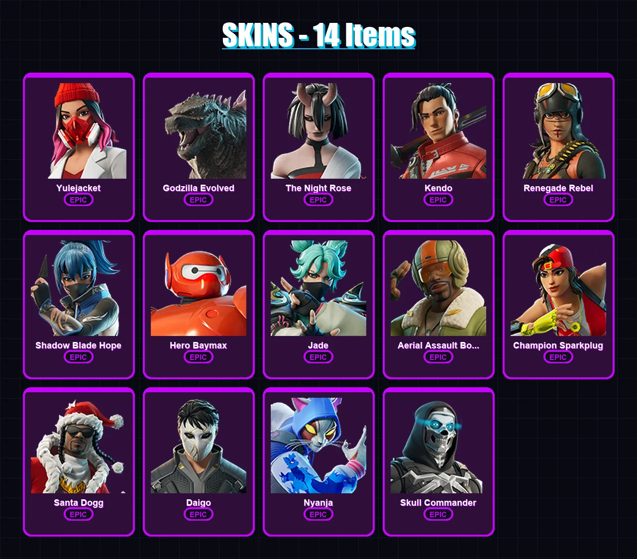 [PC/XBOX/PSN] | Yulejacket | Godzilla Evolved | The Night Rose | Kendo | Renegade Rebel | 14 skin | 19 pickaxe | 15 emote | 15 glider | Lv119