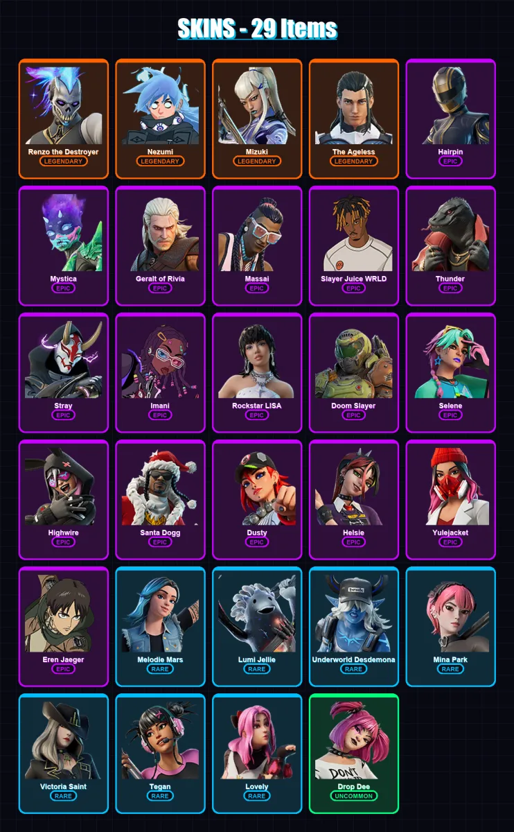 [PC] | Renzo the Destroyer | Nezumi | Mizuki | The Ageless | Hairpin | 29 skin | 58 pickaxe | 33 emote | 42 glider | Lv601