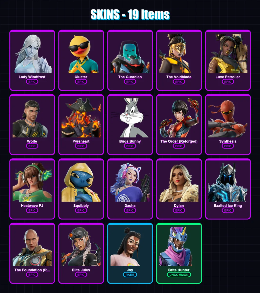 [PC/PSN] | Lady Windfrost | Cluster | The Guardian | The Voidblade | Luxe Patroller | 19 skin | 30 pickaxe | 28 emote | 28 glider | Lv404