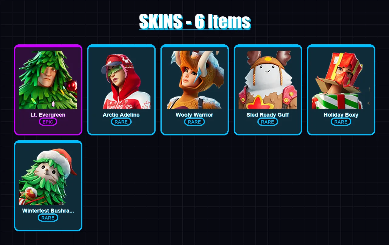 [PC] | Lt. Evergreen | Arctic Adeline | Wooly Warrior | Sled Ready Guff | Holiday Boxy | 6 skin | 19 pickaxe | 17 emote | 24 glider | Lv336