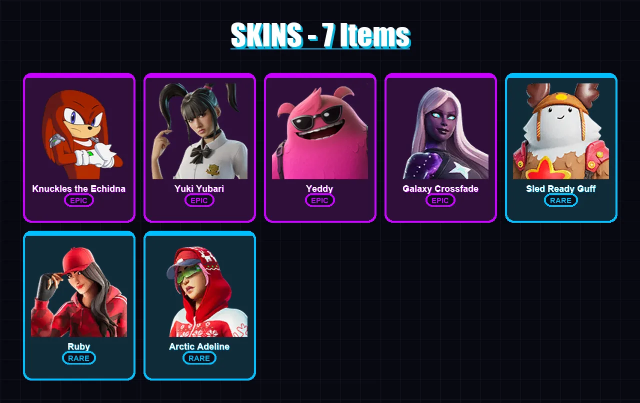[PC/PSN] | Knuckles the Echidna | Yuki Yubari | Yeddy | Galaxy Crossfade | Sled Ready Guff | 7 skin | 25 pickaxe | 11 emote | 21 glider | Lv338