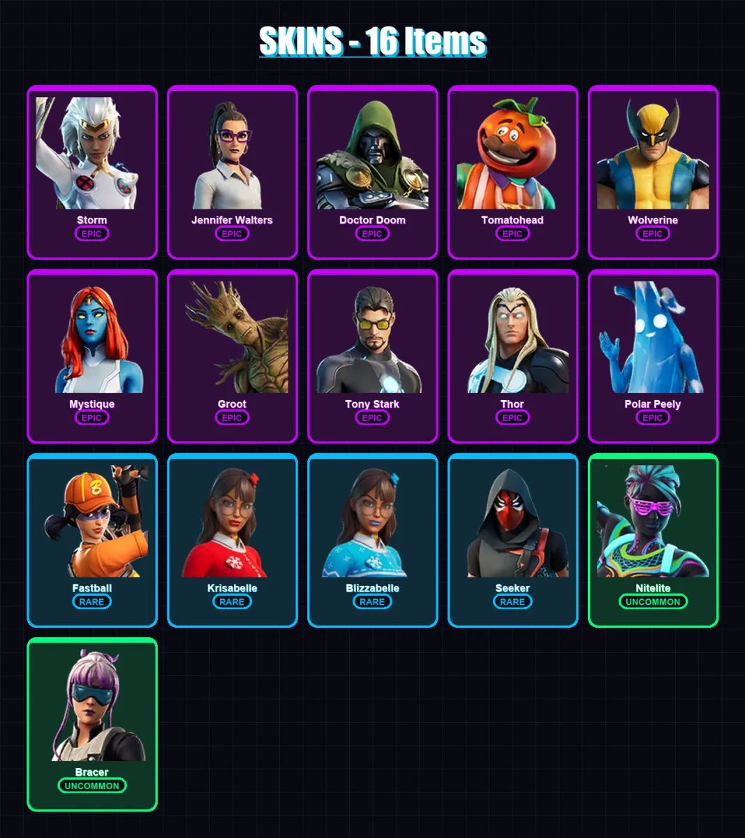 [PC/XBOX/PSN] | Storm | Jennifer Walters | Doctor Doom | Tomatohead | Wolverine | 16 skin | 18 pickaxe | 16 emote | 14 glider | Lv186