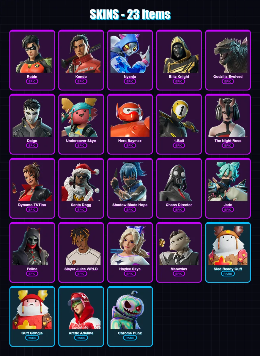 [PC/XBOX/PSN] | Robin | Kendo | Nyanja | Blitz Knight | Godzilla Evolved | 23 skin | 53 pickaxe | 25 emote | 36 glider | Lv473