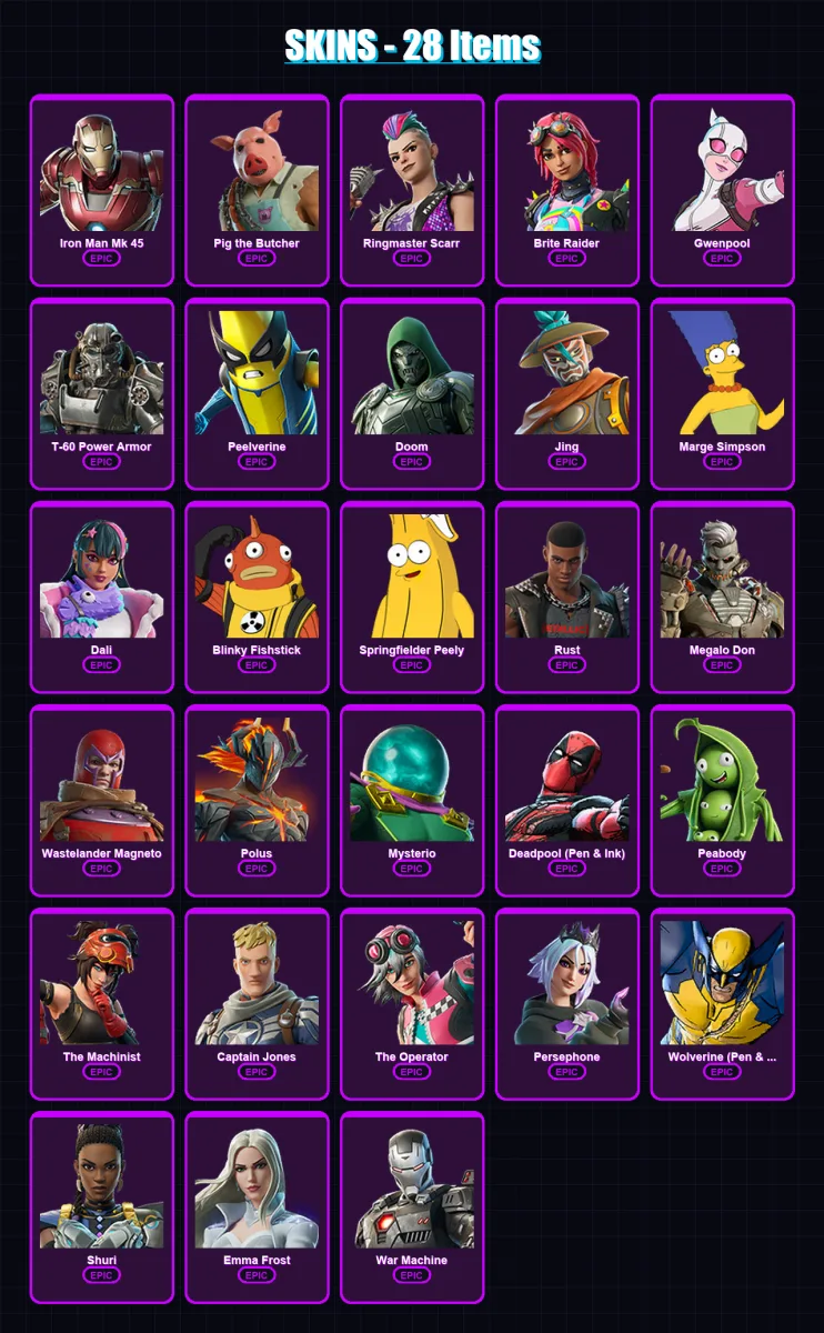 [PC] | Iron Man Mk 45 | Pig the Butcher | Ringmaster Scarr | Brite Raider | Gwenpool | 28 skin | 56 pickaxe | 30 emote | 39 glider | Lv385