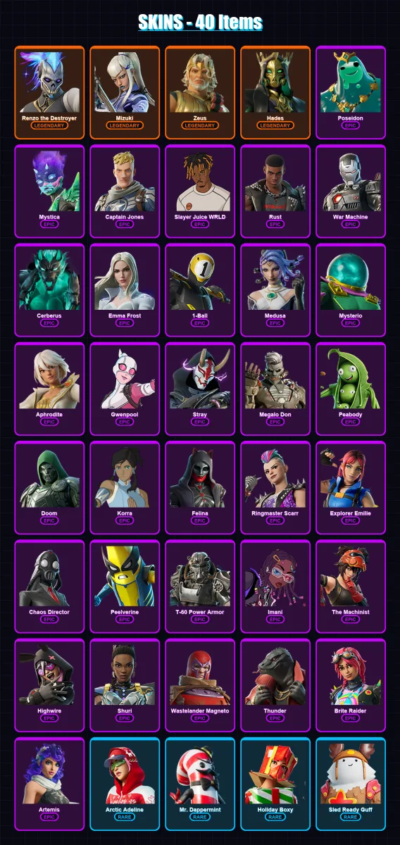 [PC/XBOX/PSN] | Renzo the Destroyer | Mizuki | Zeus | Hades | Poseidon | 40 skin | 62 pickaxe | 53 emote | 56 glider | Lv1064