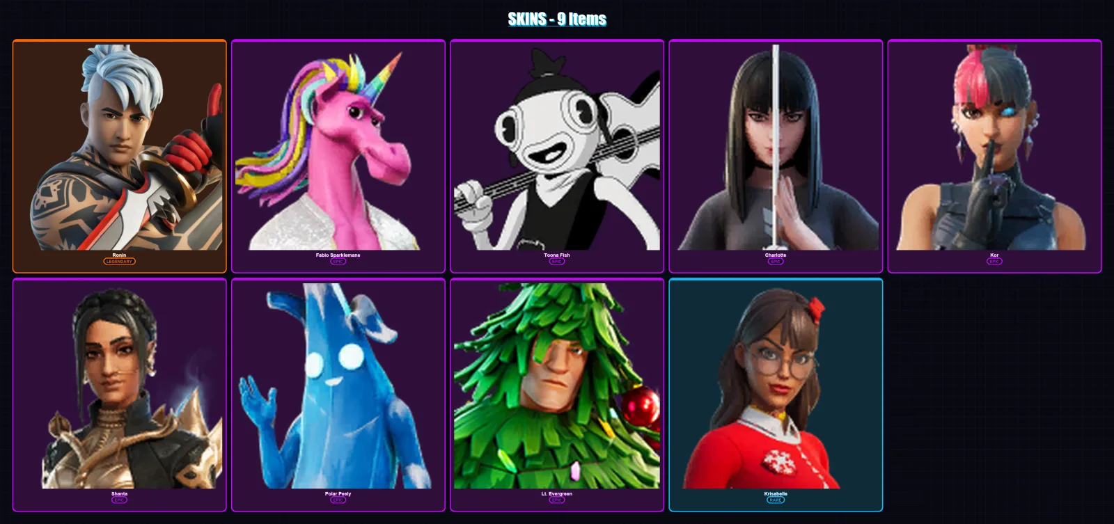 [PC/XBOX/PSN] | Ronin | Fabio Sparklemane | Toona Fish | Charlotte | Kor | 9 skin | 11 pickaxe | 18 emote | 15 glider | Lv223