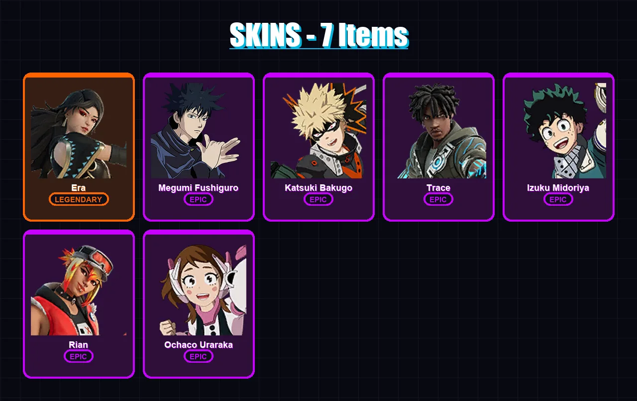 [PC/XBOX/PSN] | Era | Megumi Fushiguro | Katsuki Bakugo | Trace | Izuku Midoriya | 7 skin | 9 pickaxe | 15 emote | 5 glider | Lv71