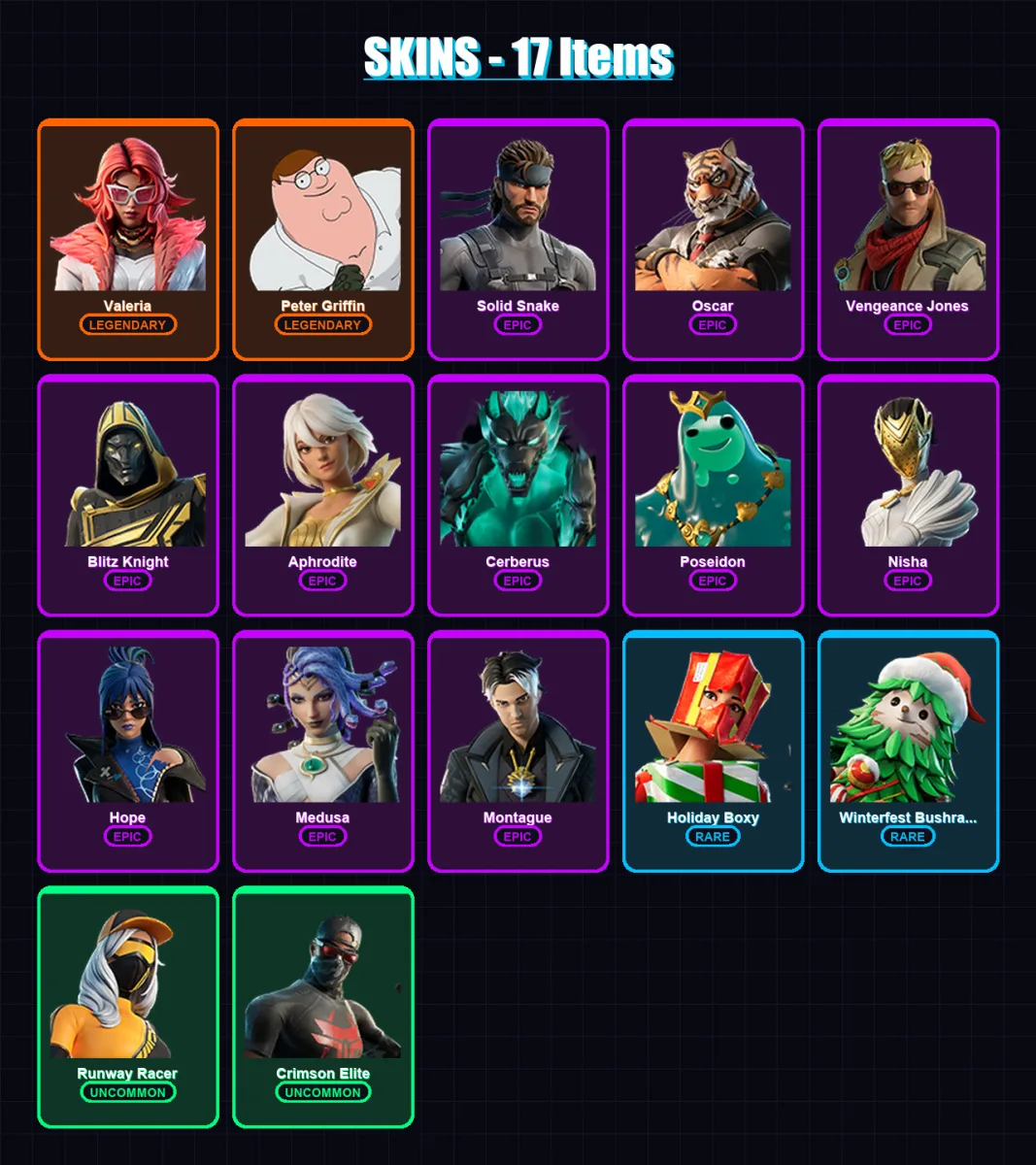 [PC/XBOX/PSN] | Valeria | Peter Griffin | Solid Snake | Oscar | Vengeance Jones | 17 skin | 28 pickaxe | 31 emote | 26 glider | Lv498 — Fortnite account