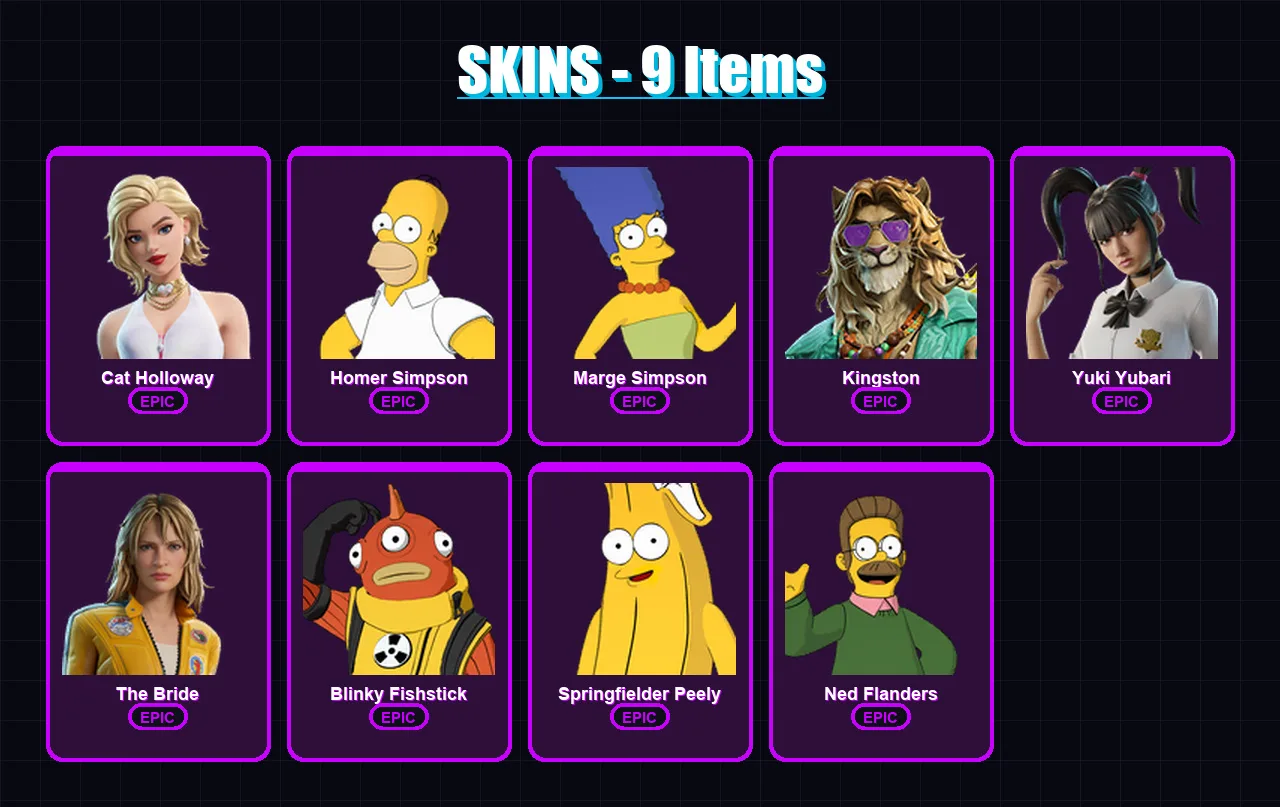 [PC/PSN] | Cat Holloway | Homer Simpson | Marge Simpson | Kingston | Yuki Yubari | 9 skin | 18 pickaxe | 13 emote | 13 glider | Lv160