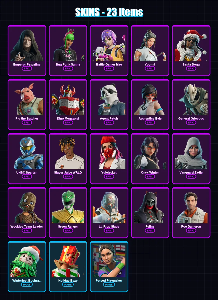 [PC/PSN] | Emperor Palpatine | Bug Punk Sunny | Battle Gamer Mae | Yoo-mi | Santa Dogg | 23 skin | 80 pickaxe | 34 emote | 48 glider | Lv686