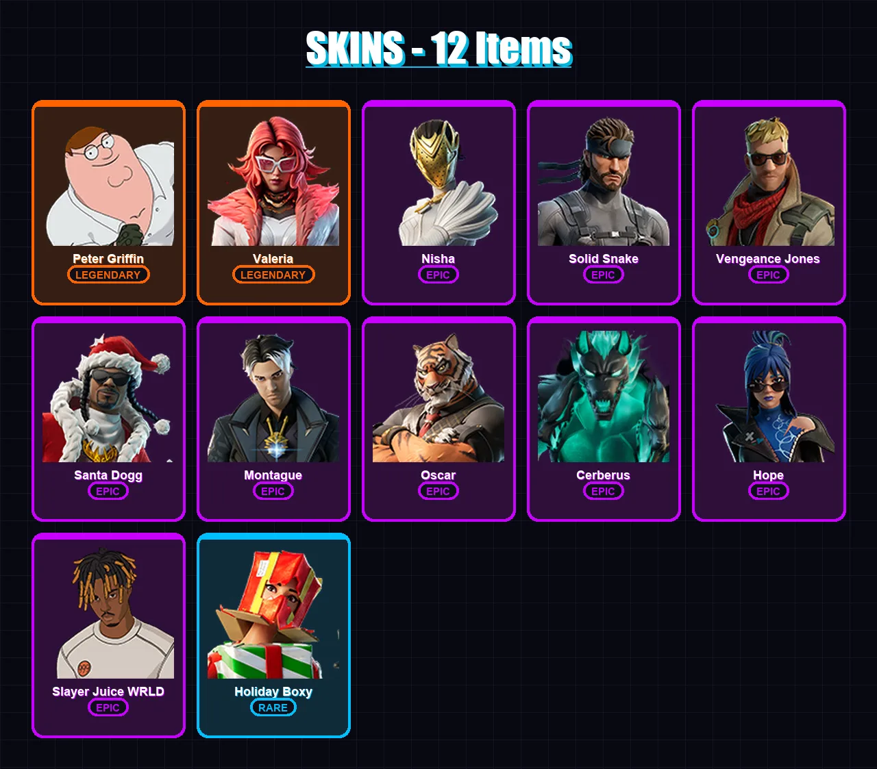 [PC/XBOX] | Peter Griffin | Valeria | Nisha | Solid Snake | Vengeance Jones | 12 skin | 30 pickaxe | 17 emote | 20 glider | Lv224 — Fortnite account