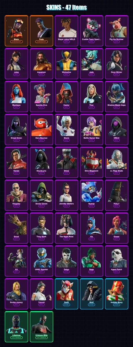[PS4/PS5/PC] | Blaze | Fade | Slayer Juice WRLD | Cuddle Team Specialist | Pig the Butcher | 47 skin | 102 pickaxe | 48 emote | 69 glider | Lv955