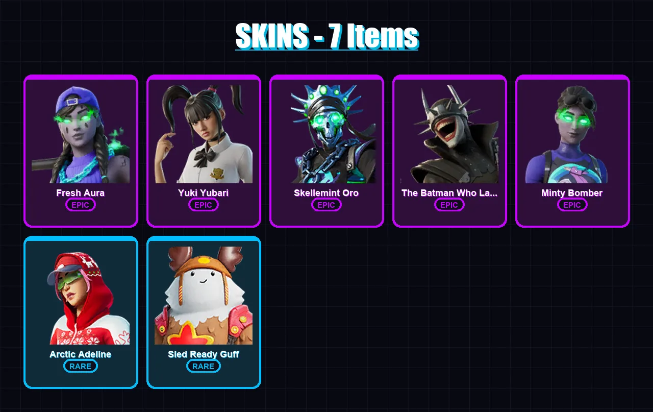 [PC/XBOX] | Fresh Aura | Yuki Yubari | Skellemint Oro | The Batman Who Laughs | Minty Bomber | 7 skin | 37 pickaxe | 19 emote | 35 glider | Lv425