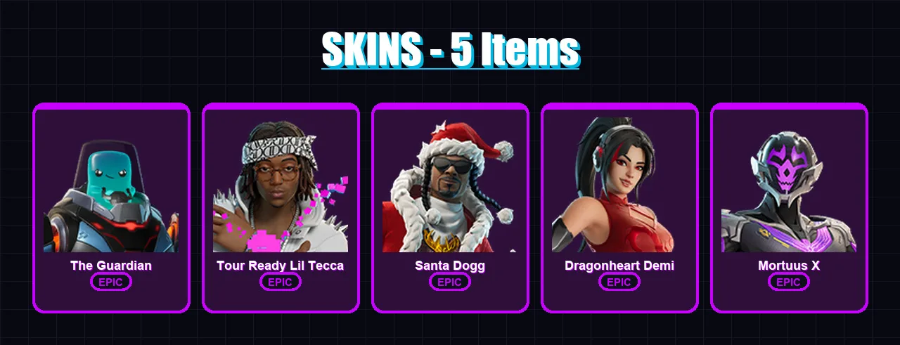 [PC/PSN] | The Guardian | Tour Ready Lil Tecca | Santa Dogg | Dragonheart Demi | Mortuus X | 5 skin | 15 pickaxe | 4 emote | 7 glider | Lv49