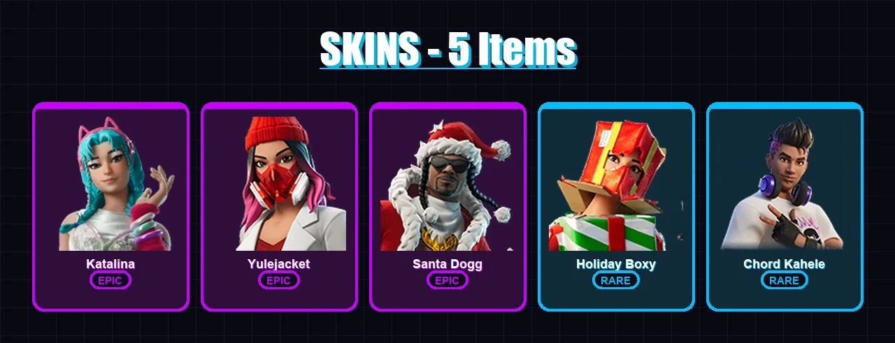 [PC/XBOX/PSN] | Katalina | Yulejacket | Santa Dogg | Holiday Boxy | Chord Kahele | 5 skin | 19 pickaxe | 5 emote | 12 glider | Lv72