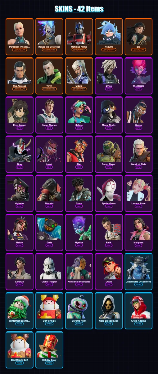 [PC/PSN] | Paradigm (Reality-659) | Renzo the Destroyer | Optimus Prime | Nezumi | Era | 42 skin | 55 pickaxe | 51 emote | 53 glider | Lv1006 — Fortnite account
