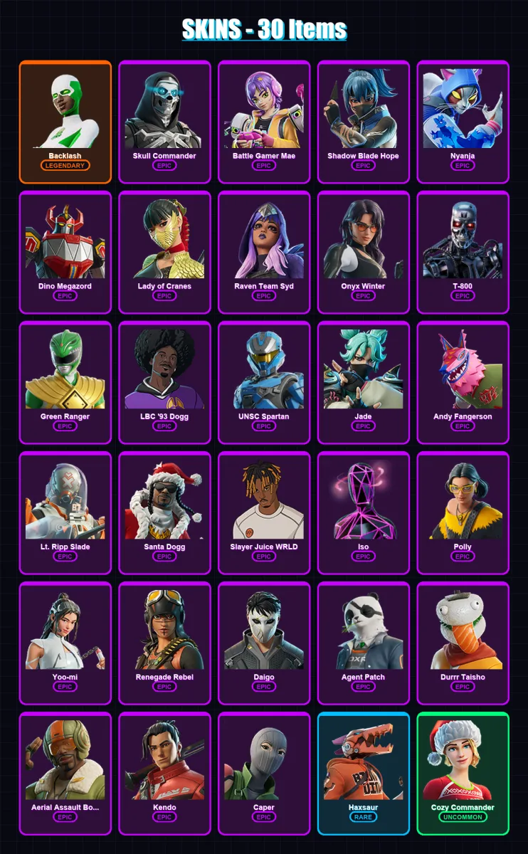 [PC/XBOX] | Backlash | Skull Commander | Battle Gamer Mae | Shadow Blade Hope | Nyanja | 30 skin | 51 pickaxe | 28 emote | 29 glider | Lv382