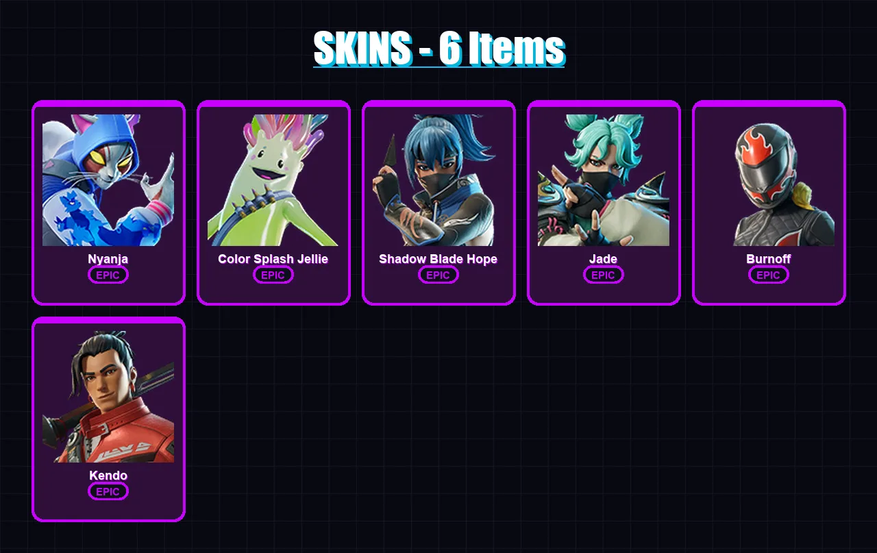 [PC/XBOX/PSN] | Nyanja | Color Splash Jellie | Shadow Blade Hope | Jade | Burnoff | 6 skin | 12 pickaxe | 6 emote | 9 glider | Lv72