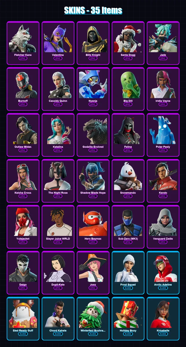 [PC/XBOX/PSN] | Fletcher Kane | Valentina | Blitz Knight | Santa Dogg | Jade | 35 skin | 87 pickaxe | 55 emote | 68 glider | Lv1337