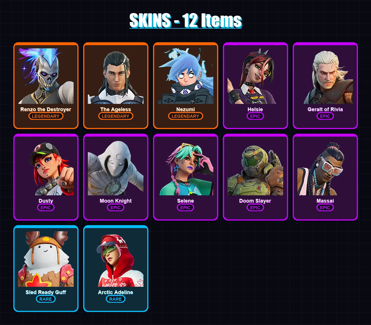 [PC/XBOX/PSN] | Renzo the Destroyer | The Ageless | Nezumi | Helsie | Geralt of Rivia | 12 skin | 21 pickaxe | 16 emote | 24 glider | Lv259
