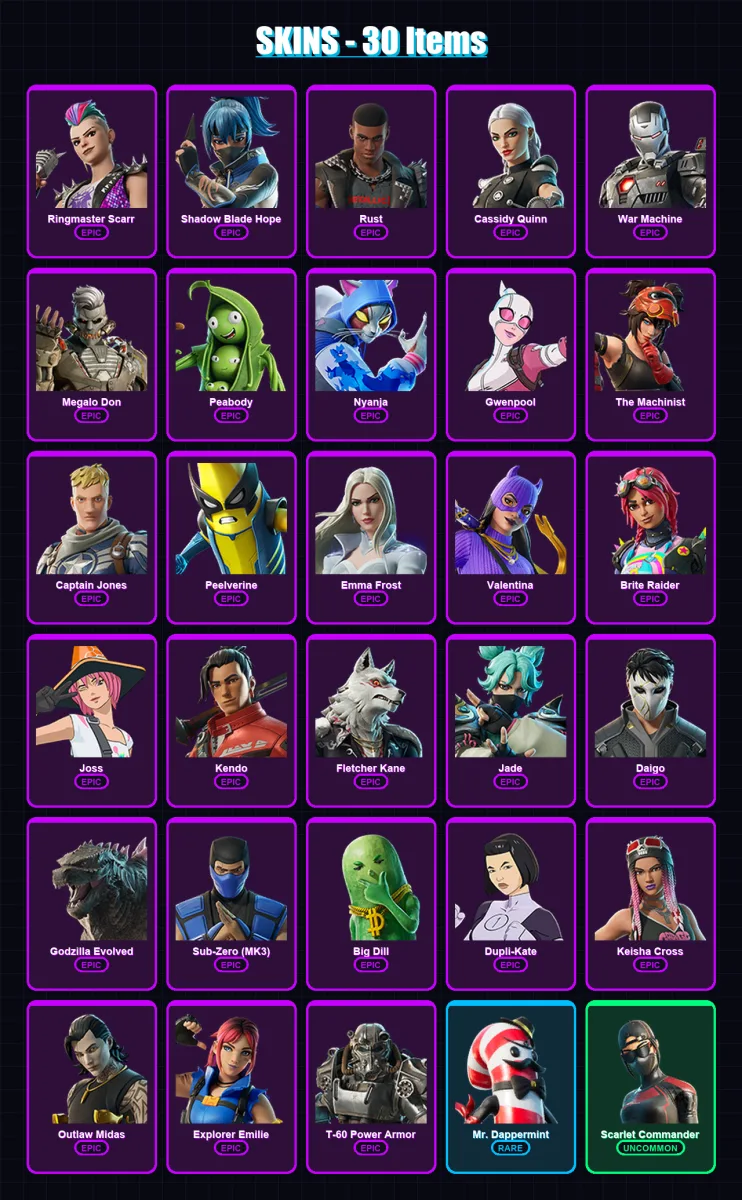 [PC/XBOX/PSN] | Ringmaster Scarr | Shadow Blade Hope | Rust | Cassidy Quinn | War Machine | 30 skin | 44 pickaxe | 30 emote | 33 glider | Lv364