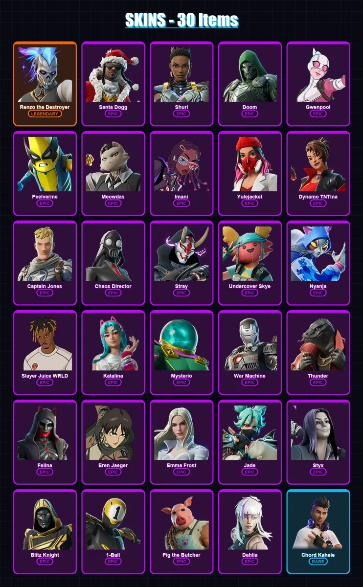 [PC/PSN] | Renzo the Destroyer | Santa Dogg | Shuri | Doom | Gwenpool | 30 skin | 62 pickaxe | 33 emote | 43 glider | Lv454
