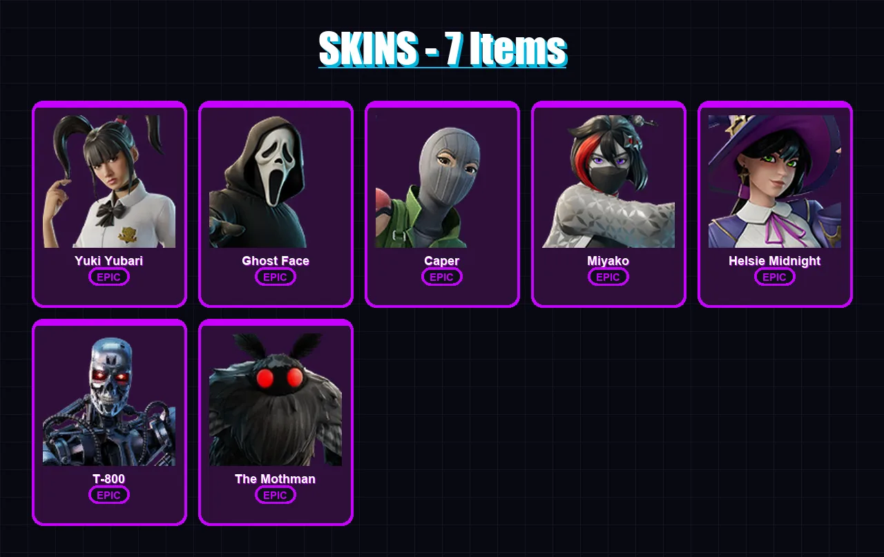 [PC/XBOX/PSN] | Yuki Yubari | Ghost Face | Caper | Miyako | Helsie Midnight | 7 skin | 26 pickaxe | 12 emote | 17 glider | Lv243