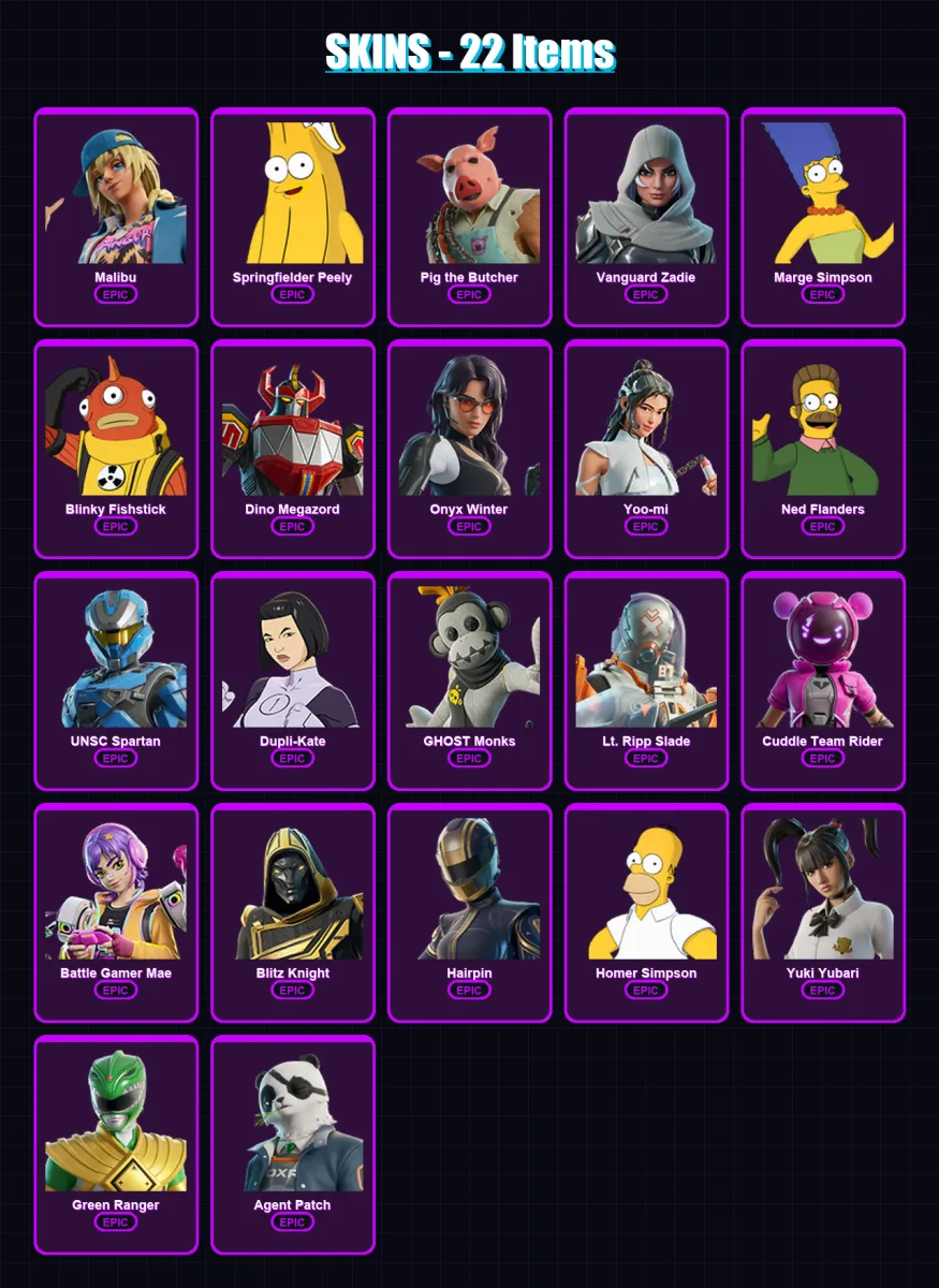 [PC/XBOX/PSN] | Malibu | Springfielder Peely | Pig the Butcher | Vanguard Zadie | Marge Simpson | 22 skin | 63 pickaxe | 39 emote | 41 glider | Lv98 — Fortnite account