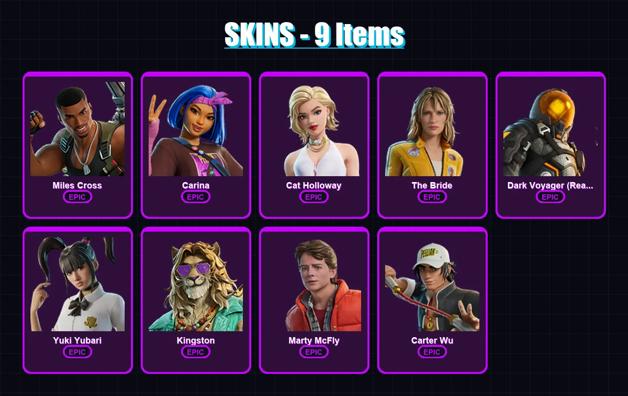 [PC/XBOX/PSN] | Miles Cross | Carina | Cat Holloway | The Bride | Dark Voyager (Reality Redacted) | 9 skin | 31 pickaxe | 19 emote | 27 glider | Lv2