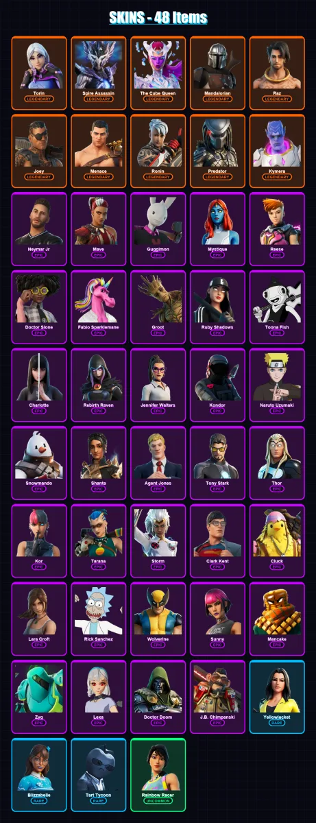[PC/XBOX/PSN] | Torin | Spire Assassin | The Cube Queen | Mandalorian | Raz | 48 skin | 58 pickaxe | 37 emote | 57 glider | Lv811