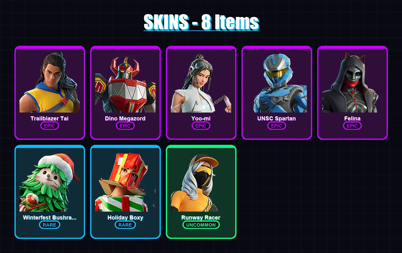 [PS4/PS5/XBOX/PC] | Trailblazer Tai | Dino Megazord | Yoo-mi | UNSC Spartan | Felina | 8 skin | 49 pickaxe | 21 emote | 32 glider | Lv620