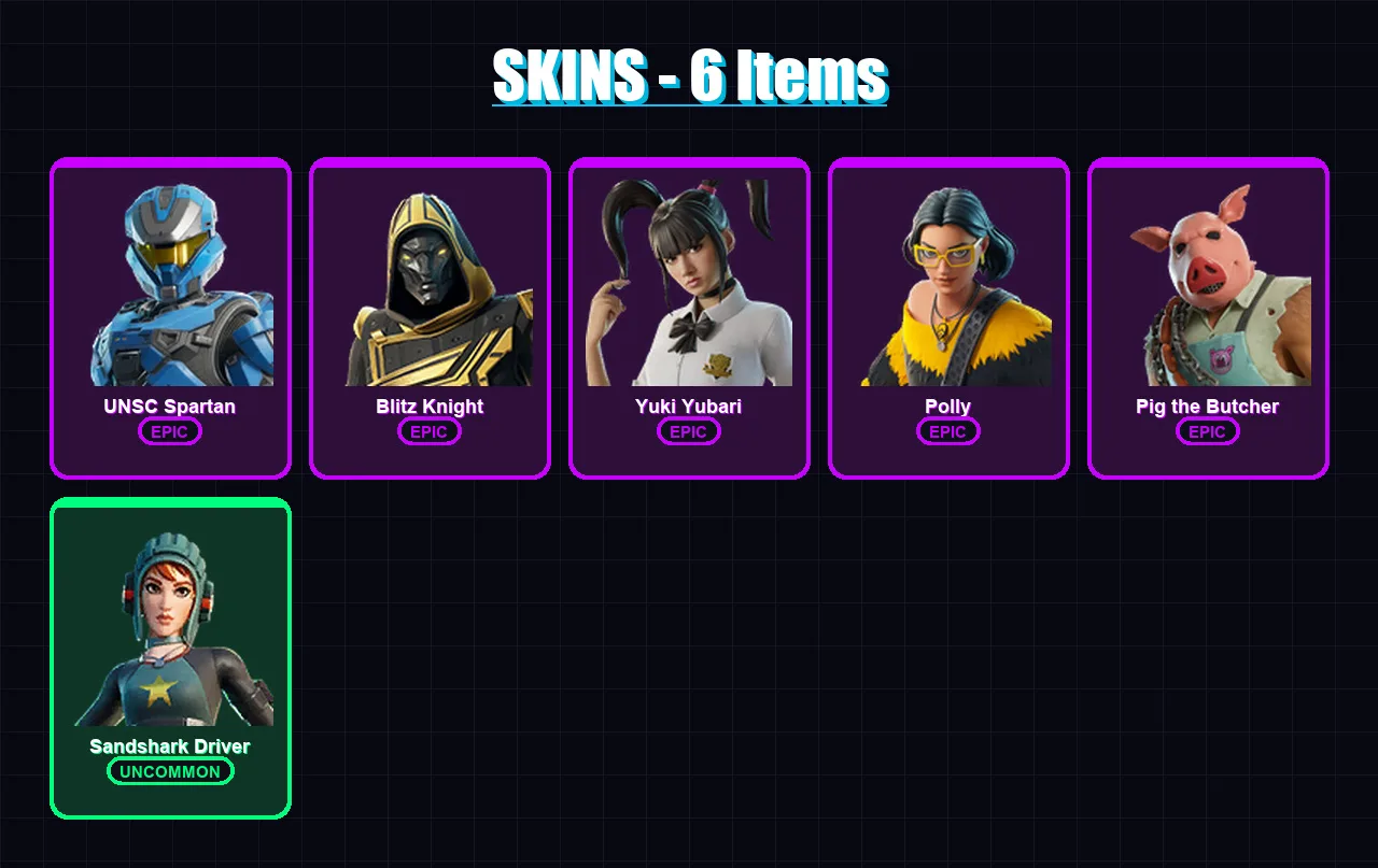 [PS4/PS5/XBOX/PC] | UNSC Spartan | Blitz Knight | Yuki Yubari | Polly | Pig the Butcher | 6 skin | 36 pickaxe | 17 emote | 29 glider | Lv312