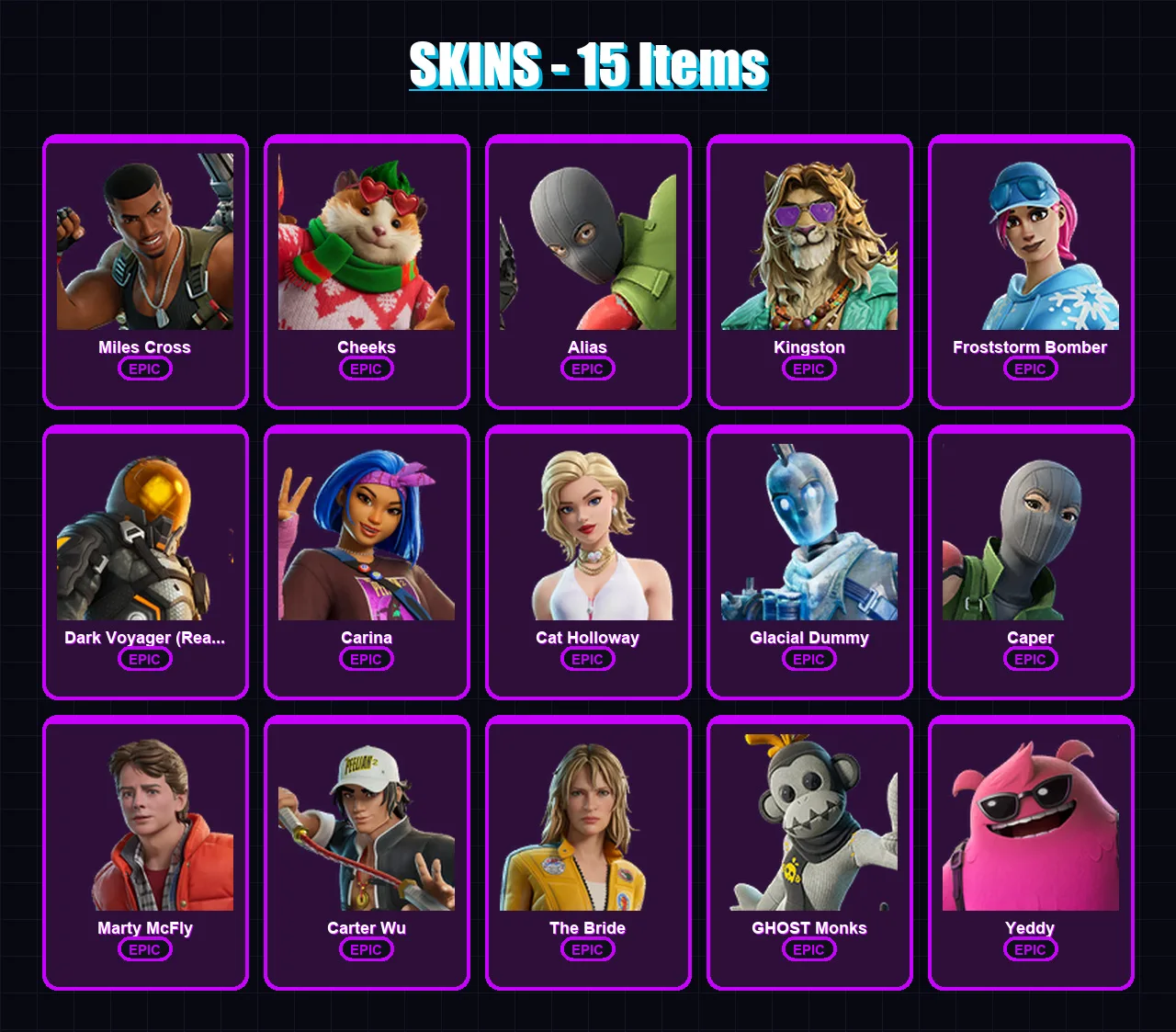 [PC/XBOX/PSN] | Miles Cross | Cheeks | Alias | Kingston | Froststorm Bomber | 15 skin | 24 pickaxe | 18 emote | 21 glider | Lv281