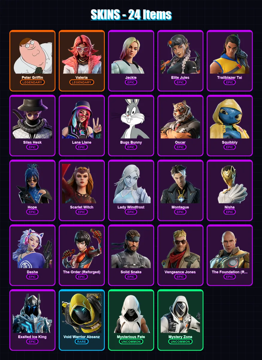 [PC/PSN] | Peter Griffin | Valeria | Jackie | Elite Jules | Trailblazer Tai | 24 skin | 26 pickaxe | 24 emote | 21 glider | Lv247
