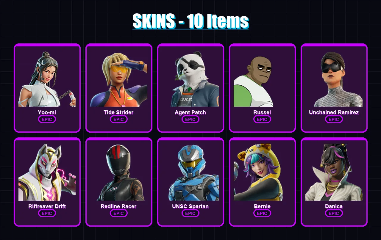 [PC/PSN] | Yoo-mi | Tide Strider | Agent Patch | Russel | Unchained Ramirez | 10 skin | 11 pickaxe | 10 emote | 9 glider | Lv51