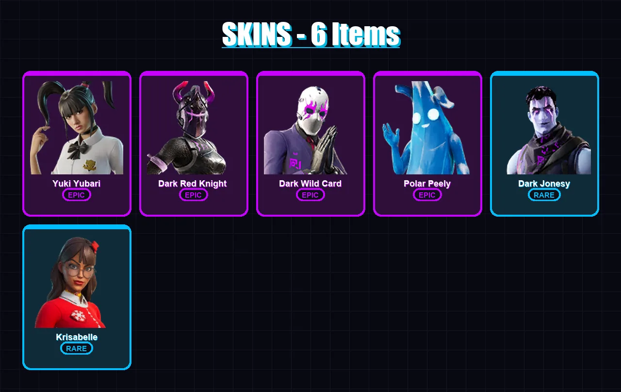 [PC/XBOX] | Yuki Yubari | Dark Red Knight  | Dark Wild Card | Polar Peely | Dark Jonesy | 6 skin | 29 pickaxe | 19 emote | 32 glider | Lv395
