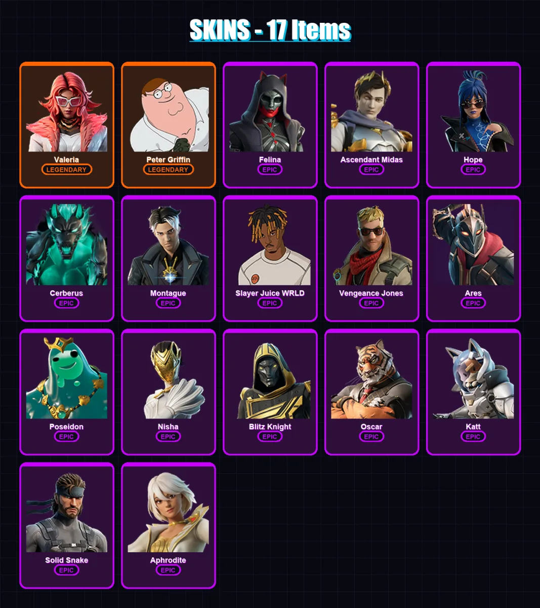 [PC/XBOX/PSN] | Valeria | Peter Griffin | Felina | Ascendant Midas | Hope | 17 skin | 37 pickaxe | 23 emote | 28 glider | Lv368