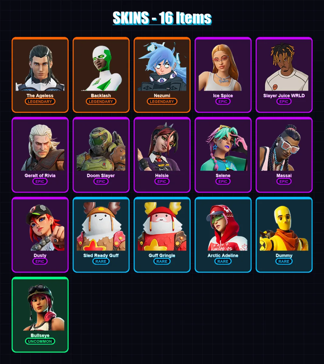 [PC/XBOX/PSN] | The Ageless | Backlash | Nezumi | Ice Spice | Slayer Juice WRLD | 16 skin | 23 pickaxe | 19 emote | 21 glider | Lv278