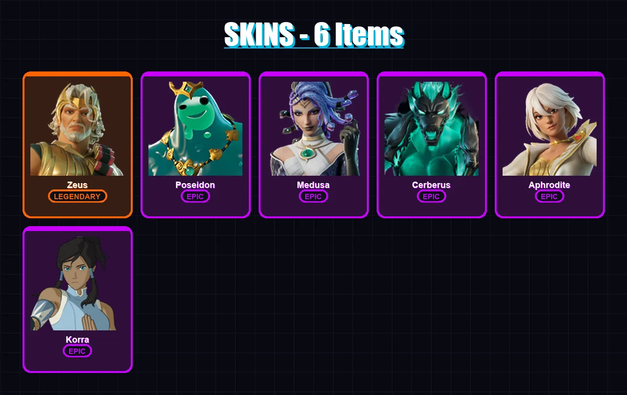 [PC/XBOX/PSN] | Zeus | Poseidon | Medusa | Cerberus | Aphrodite | 6 skin | 7 pickaxe | 10 emote | 9 glider | Lv75
