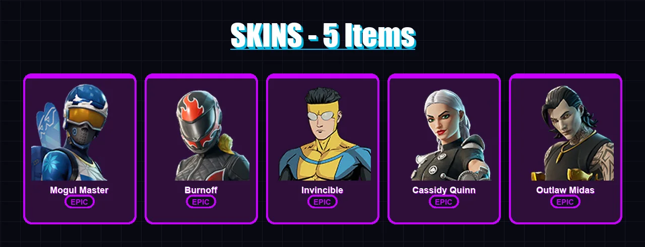 [PC/XBOX/PSN] | Mogul Master | Burnoff | Invincible | Cassidy Quinn | Outlaw Midas | 5 skin | 7 pickaxe | 3 emote | 5 glider | Lv22