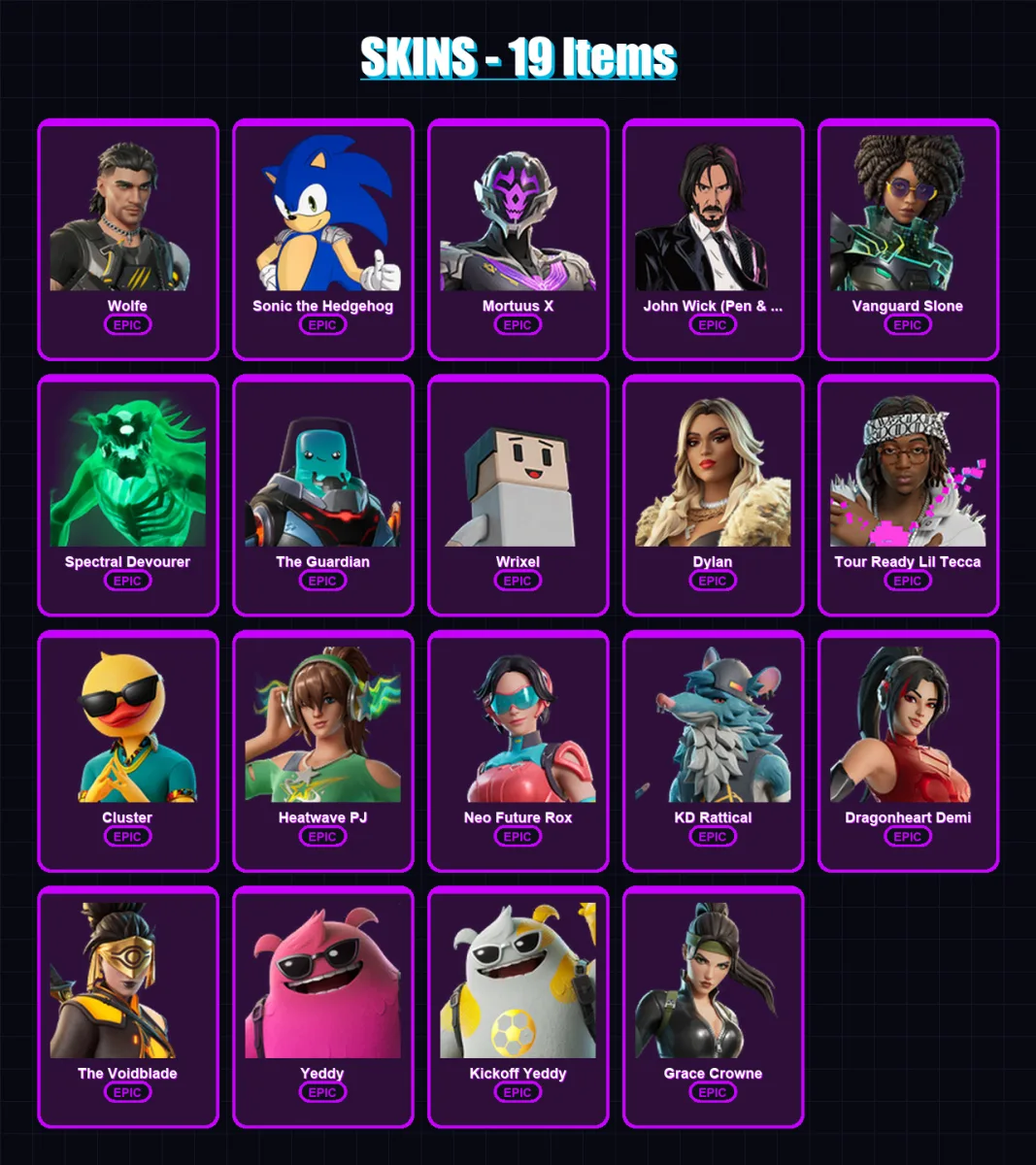 [PC/XBOX/PSN] | Wolfe | Sonic the Hedgehog | Mortuus X | John Wick (Pen & Ink) | Vanguard Slone | 19 skin | 25 pickaxe | 16 emote | 18 glider | Lv14
