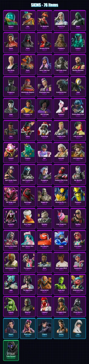 [SWITCH/XBOX/PSN/PC] | Mysterio | Jing | The Machinist | Emma Frost | Doom | 76 skin | 78 pickaxe | 69 emote | 48 glider | Lv725