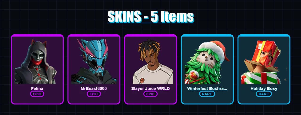 [PC/PSN] | Felina | MrBeast6000 | Slayer Juice WRLD | Winterfest Bushranger | Holiday Boxy | 5 skin | 15 pickaxe | 7 emote | 15 glider | Lv166