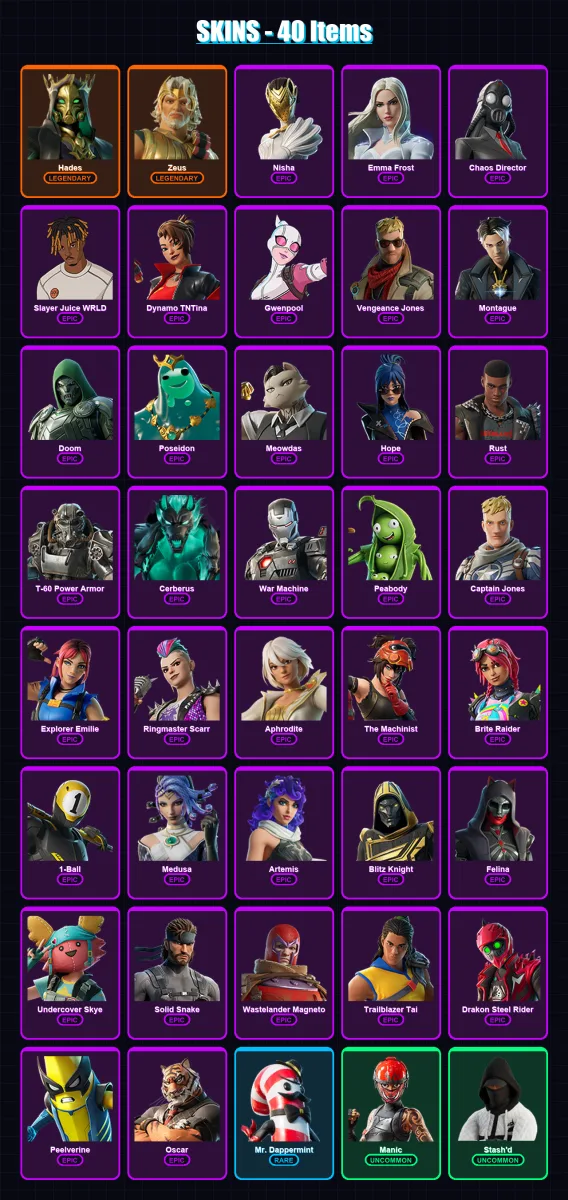 [PC/PSN] | Hades | Zeus | Nisha | Emma Frost | Chaos Director | 40 skin | 76 pickaxe | 45 emote | 57 glider | Lv649
