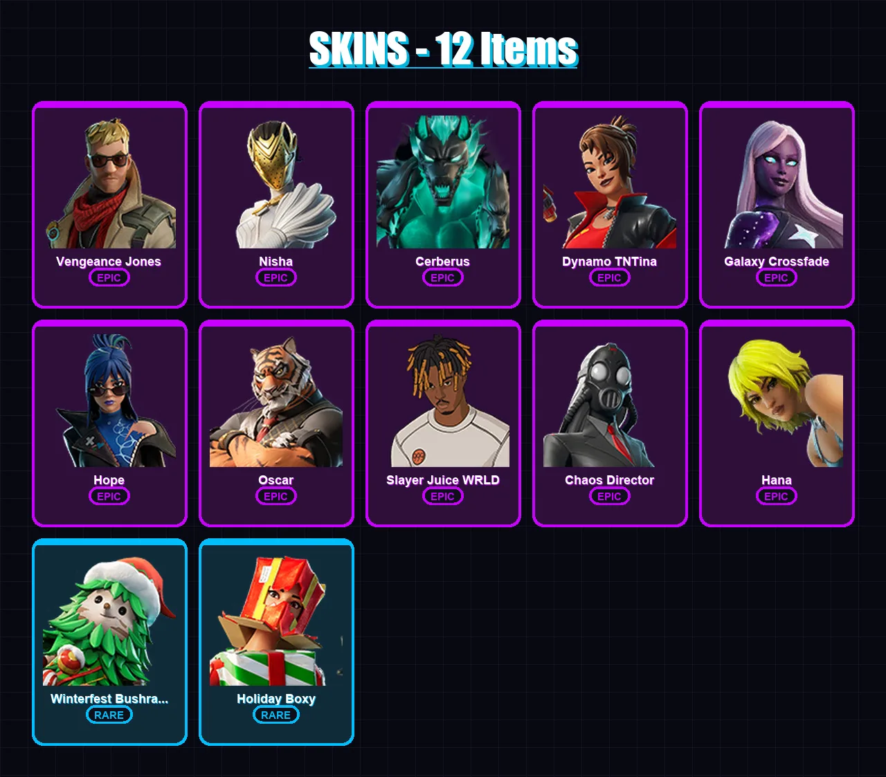 [PC/XBOX/PSN] | Vengeance Jones | Nisha | Cerberus | Dynamo TNTina | Galaxy Crossfade | 12 skin | 12 pickaxe | 7 emote | 17 glider | Lv84 — Fortnite account
