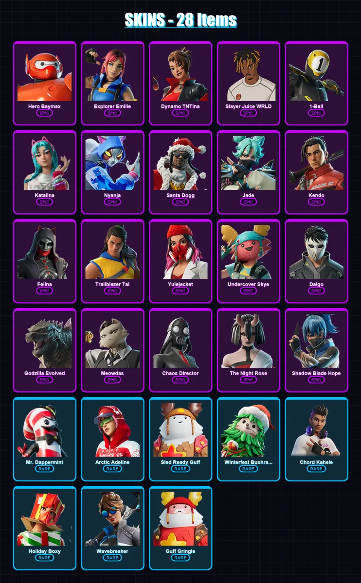 [PC/PSN] | Hero Baymax | Explorer Emilie | Dynamo TNTina | Slayer Juice WRLD | 1-Ball | 28 skin | 44 pickaxe | 28 emote | 31 glider | Lv408 — Fortnite account