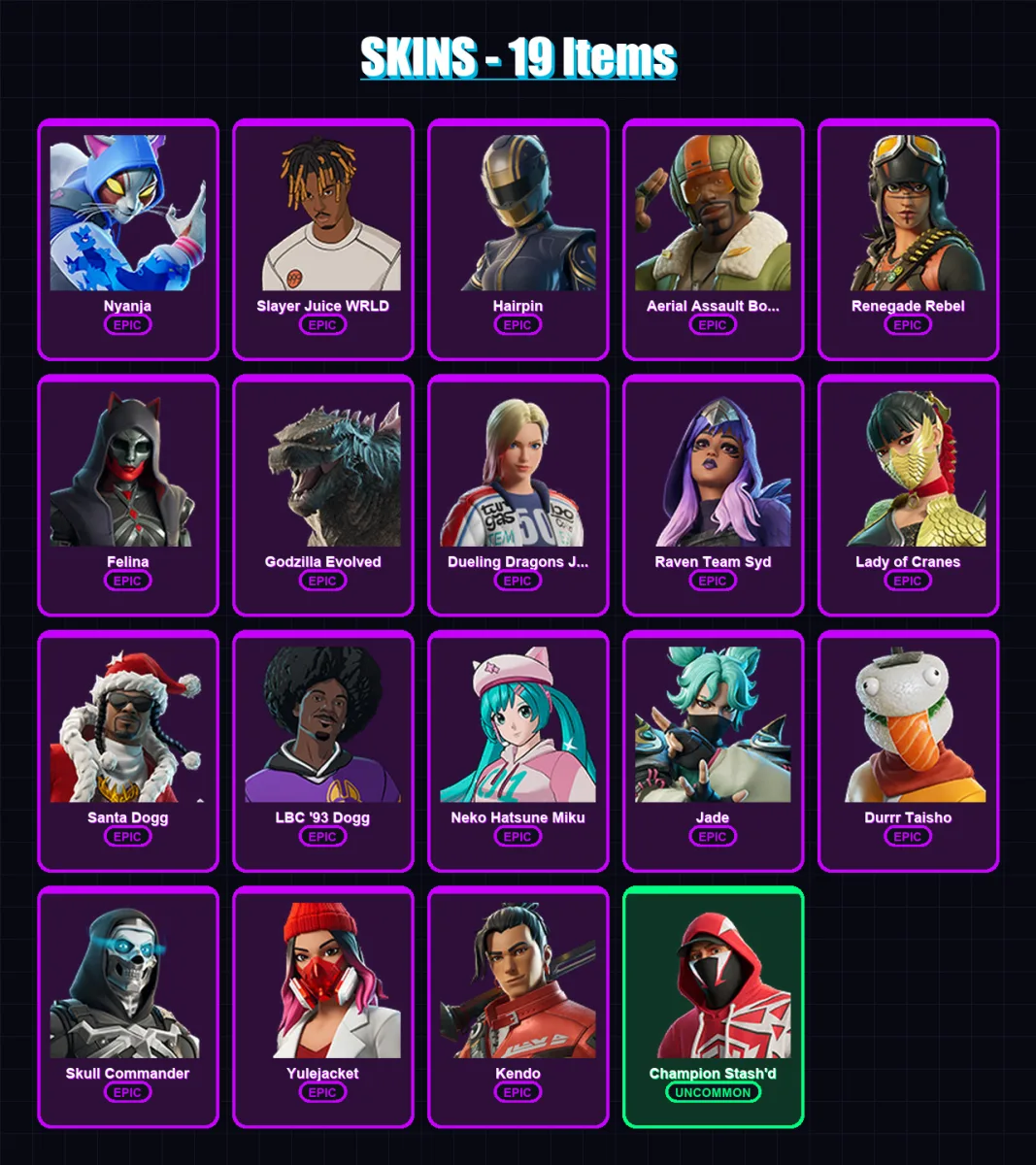 [PC/XBOX/PSN] | Nyanja | Slayer Juice WRLD | Hairpin | Aerial Assault Bomber | Renegade Rebel | 19 skin | 47 pickaxe | 24 emote | 35 glider | Lv405